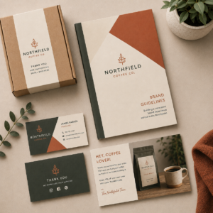 Northfield Coffee Co. brand identity flat lay featuring coordinated packaging, brand guidelines, business cards, thank-you cards, and coffee product photography in warm cream, terracotta, and dark green tones.