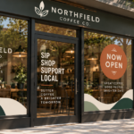 Modern coffee shop storefront featuring custom window signage, branded graphics, promotional decals, and an A-frame sign designed to attract customers and strengthen brand visibility