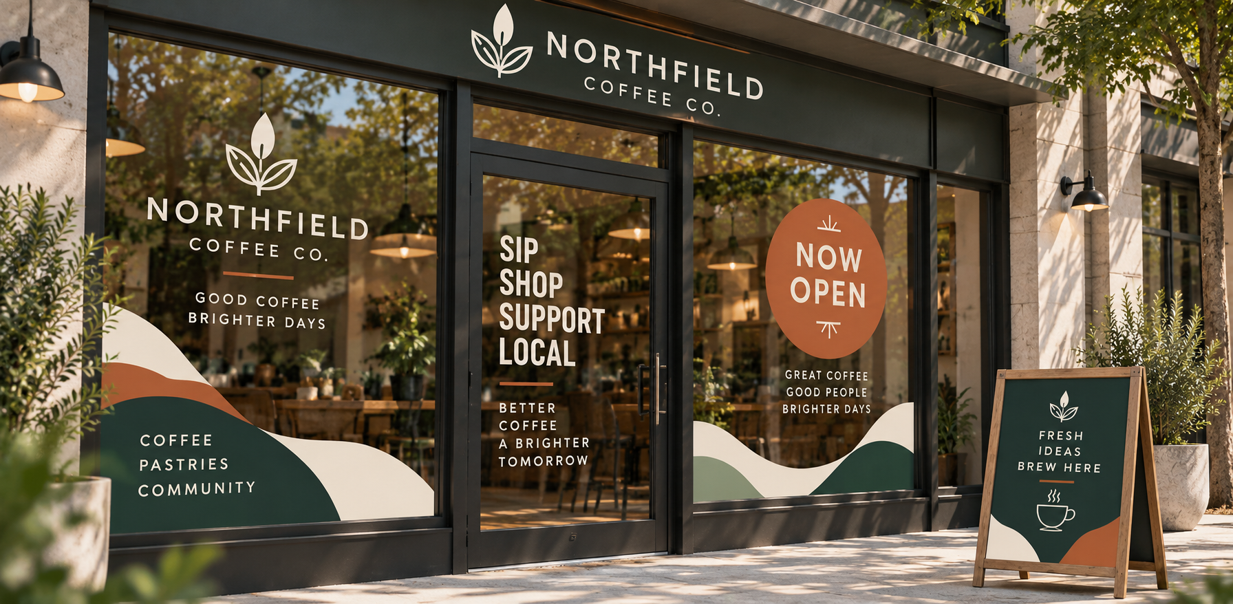 Modern coffee shop storefront featuring custom window signage, branded graphics, promotional decals, and an A-frame sign designed to attract customers and strengthen brand visibility