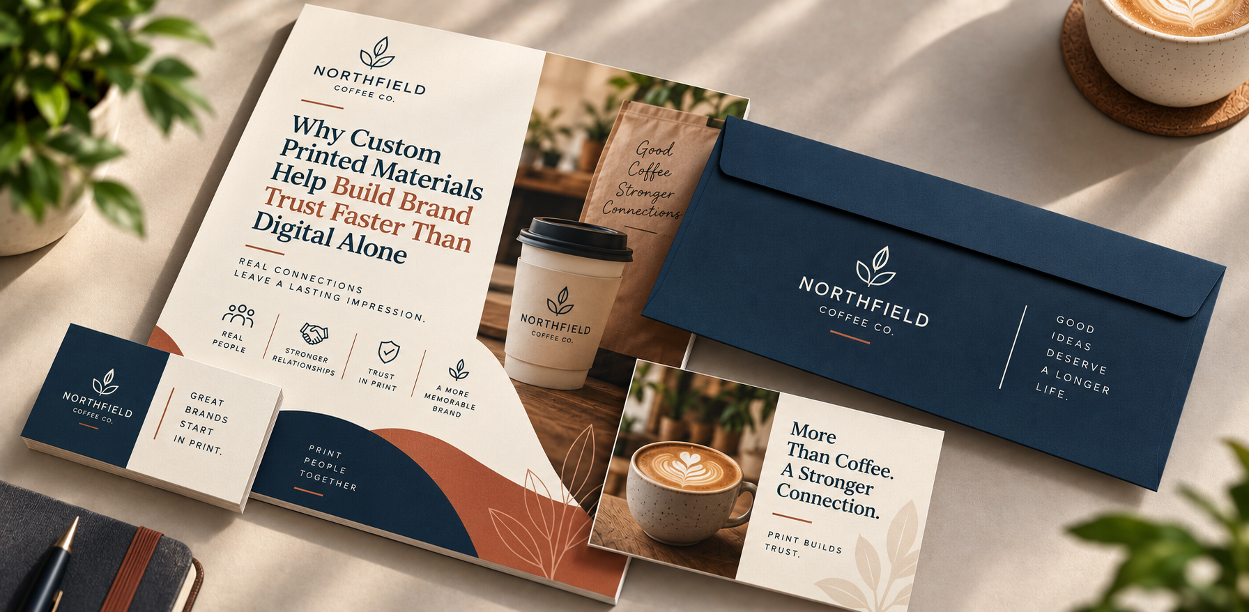 Custom printed marketing materials featuring cohesive branding across business cards, packaging, stationery, and promotional pieces designed to strengthen brand recognition and customer trust
