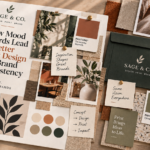 Creative mood board featuring coordinated colors, typography, imagery, textures, and print samples used to develop consistent branding and print design