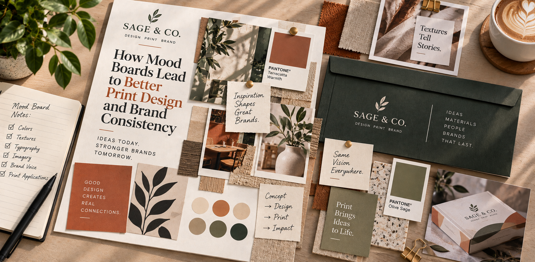 Creative mood board featuring coordinated colors, typography, imagery, textures, and print samples used to develop consistent branding and print design