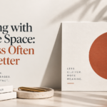 Minimalist printed marketing materials using negative space, clean typography, and simple layouts to create a clear and visually effective print design