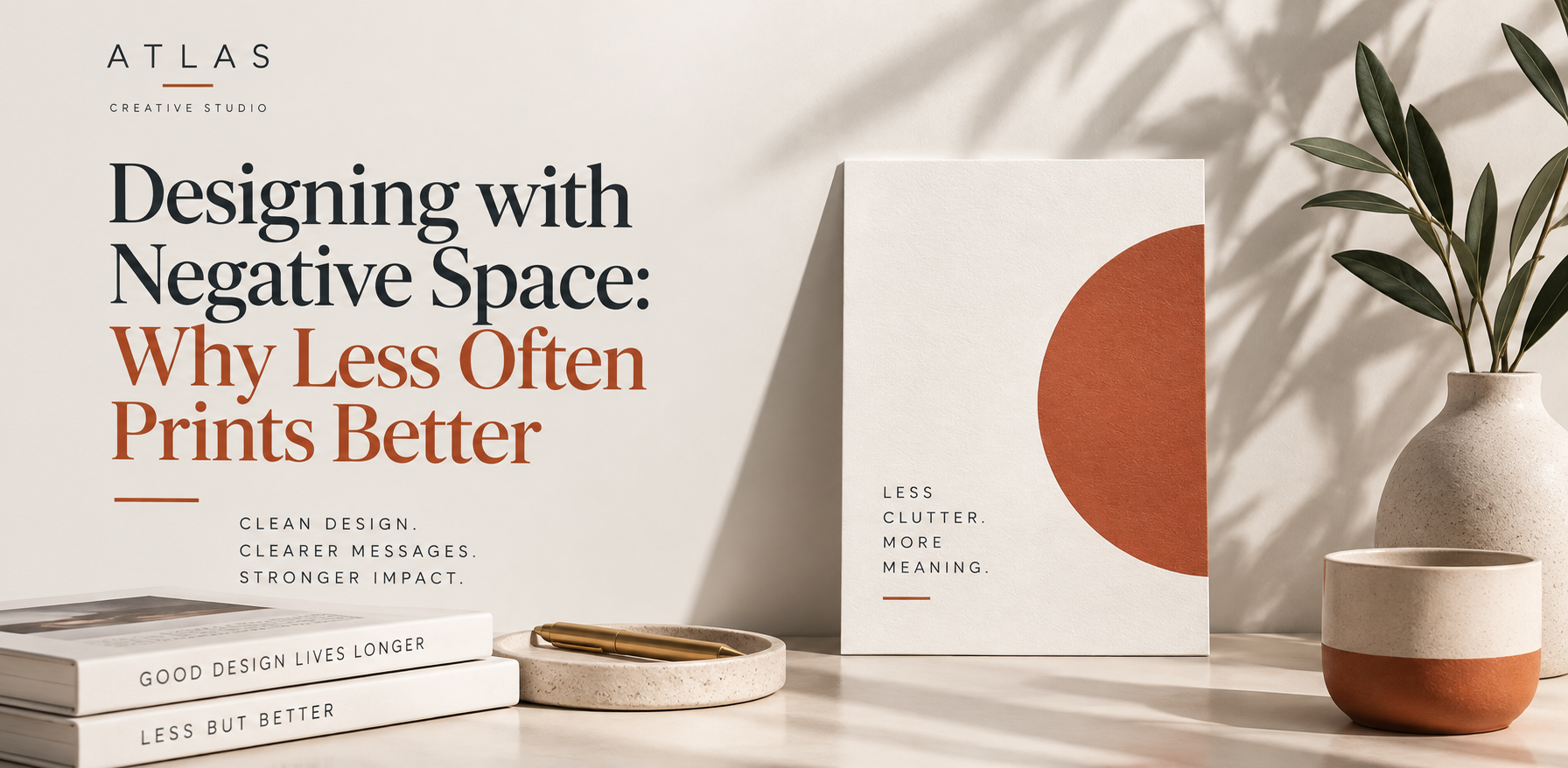 Minimalist printed marketing materials using negative space, clean typography, and simple layouts to create a clear and visually effective print design