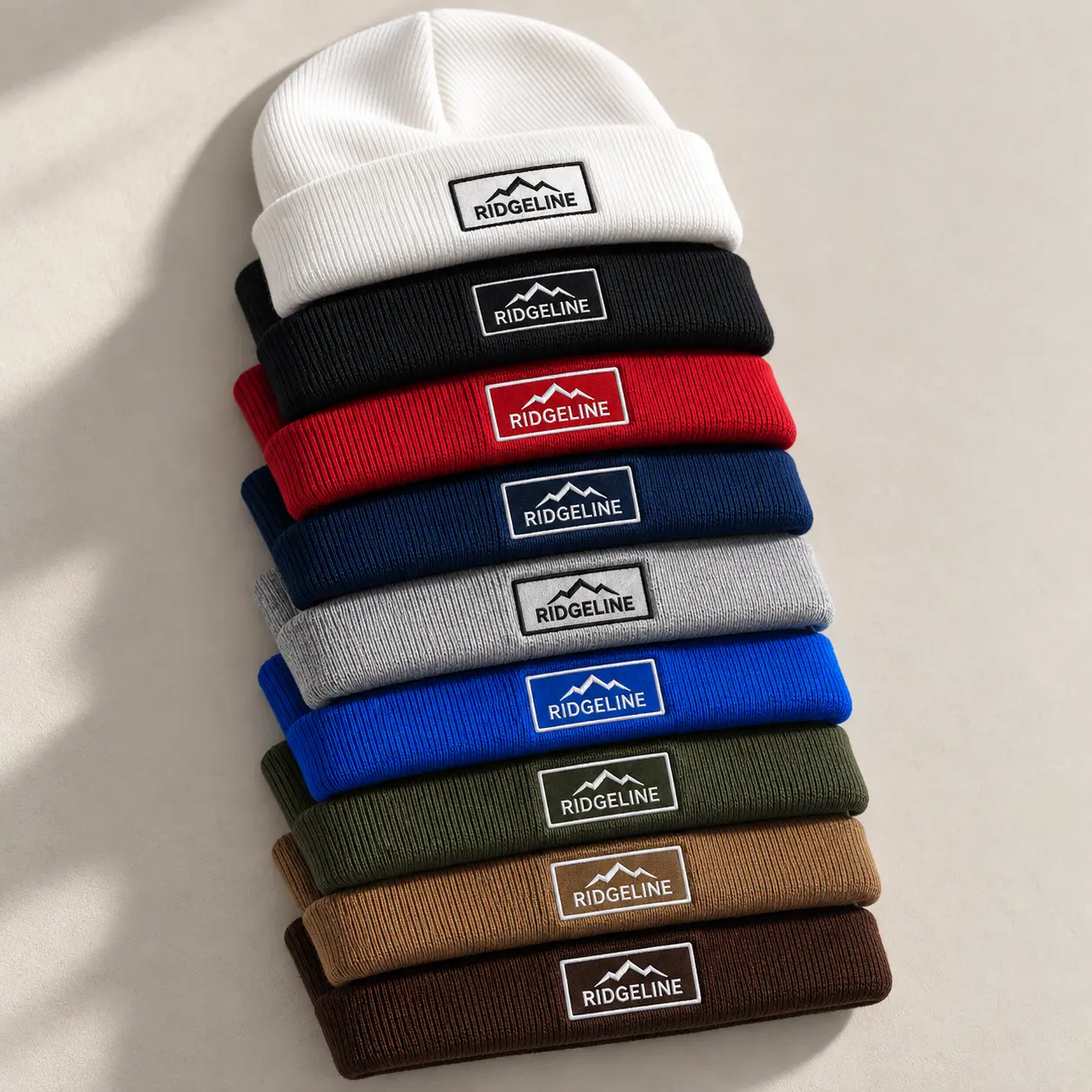 Beanies stacked in various colours