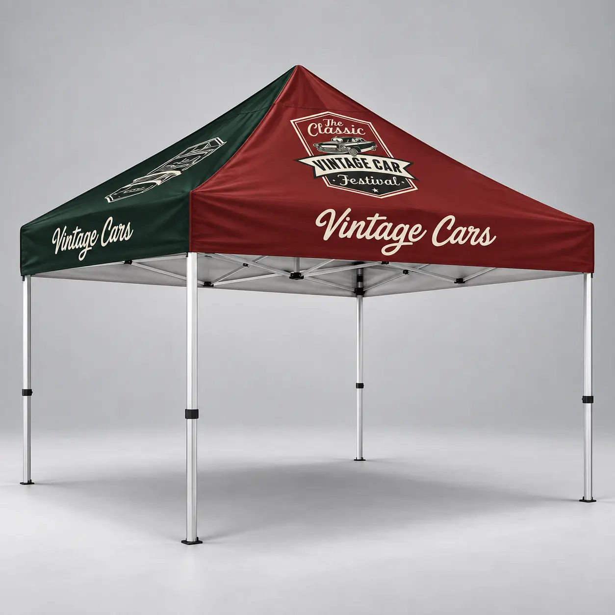 Custom printed event tent featuring branded graphics, ideal for trade shows, outdoor events, festivals, markets, and promotional displays