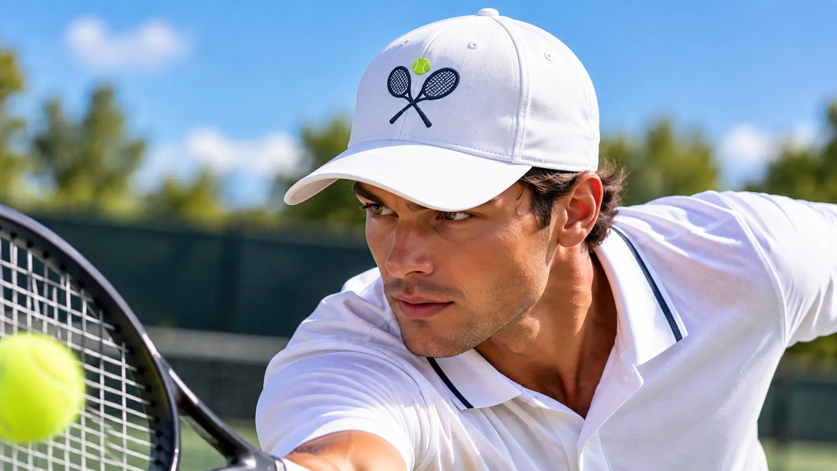 Custom tennis hat featuring embroidered branding, showcasing personalized headwear for sports teams, tennis clubs, events, and businesses